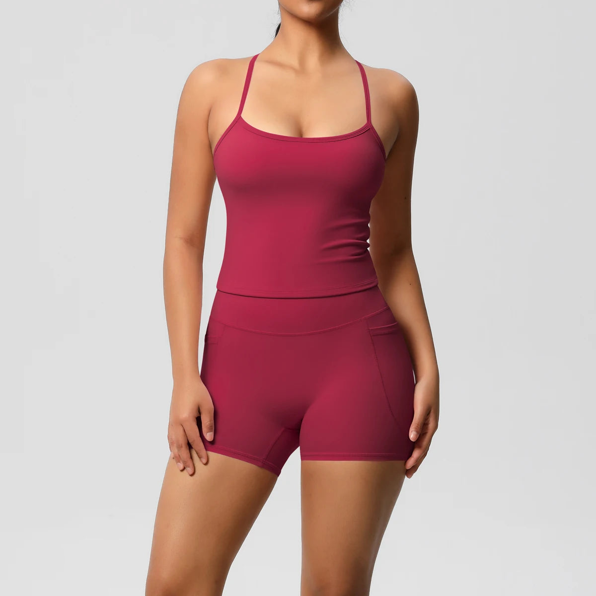 Damen Sportset: ärmelloses Top und Shorts, dunkelrot, figurformend
