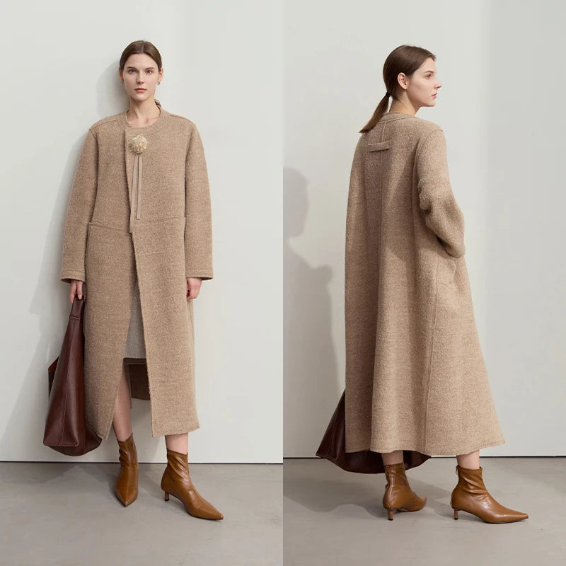 Damen Wollmantel im minimalistischen Stil mit Rundhalsausschnitt und abnehmbarer Corsage