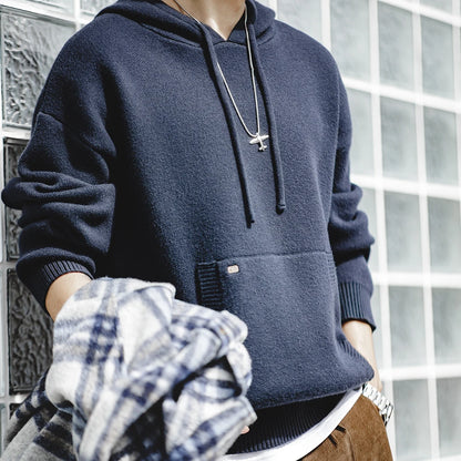 Herren Hoodie aus marineblauem Strick mit lässiger Kapuze für Outwear