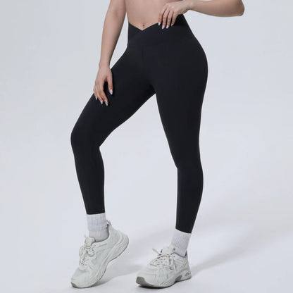 Nahtlose schwarze Yoga-Leggings für Damen mit überkreuztem Bund und Knöchellänge