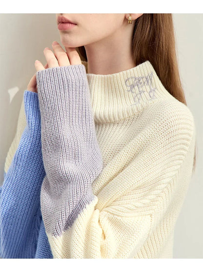 Damen-Rollkragenpullover Stickerei locker Winter Wolle-Mix