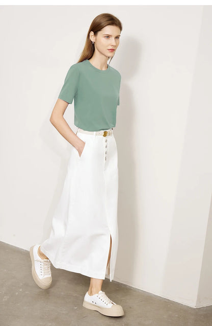 Damen T-Shirt im minimalistischen Stil mit lässigem O-Ausschnitt und kurzen Ärmeln