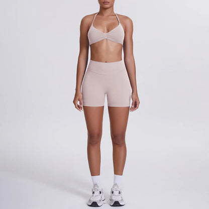 Damen-Yoga-Set: nahtloser Sport-BH und High-Waist-Shorts in Hellrosa