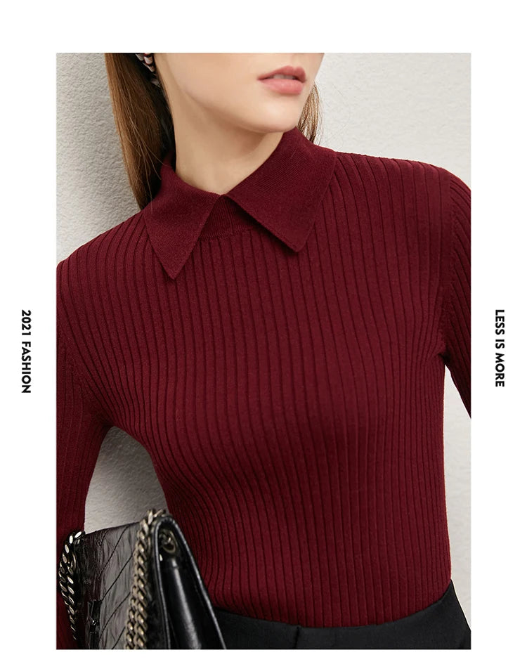 Damenpullover mit Polokragen aus Rippstrick, weinrot, Detailansicht