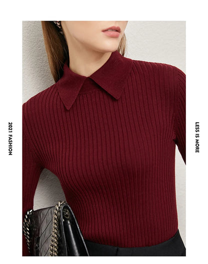 Damenpullover mit Polokragen aus Rippstrick, weinrot, Detailansicht