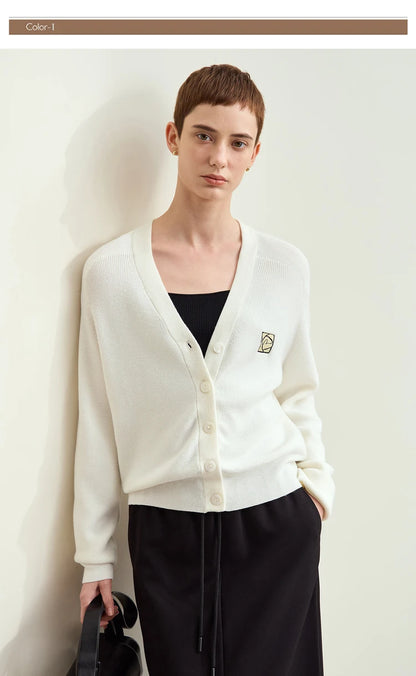 Damen-Strickjacke Wolle V-Ausschnitt Patchwork Stickerei kurz Französisch Herbst