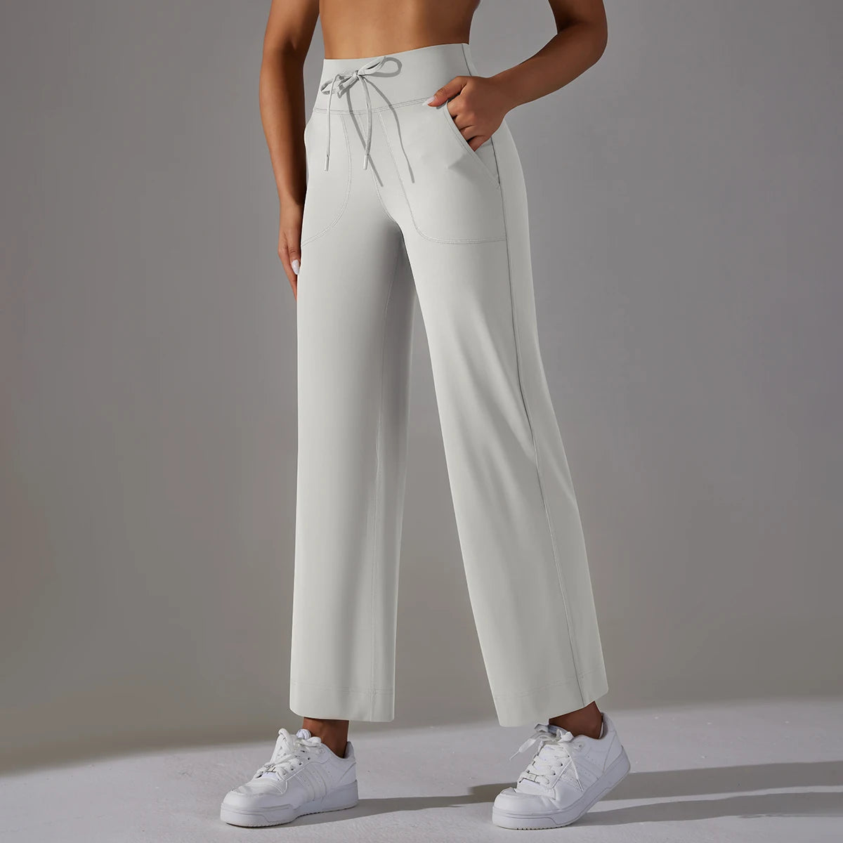 Damen-Leggings mit weitem Bein, hoher Taille und Taschen, weiß