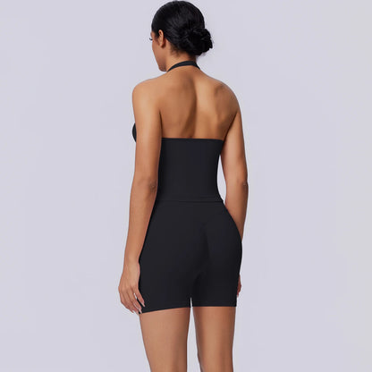 3-teiliges Yoga-Set in Schwarz: Rückansicht von Sport-BH und kurzen Leggings
