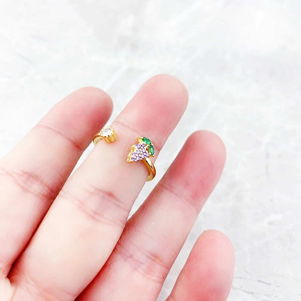 Zwei Ringe auf der Hand: goldfarbener Ring mit violetten Traubensteinen und grünem Akzent