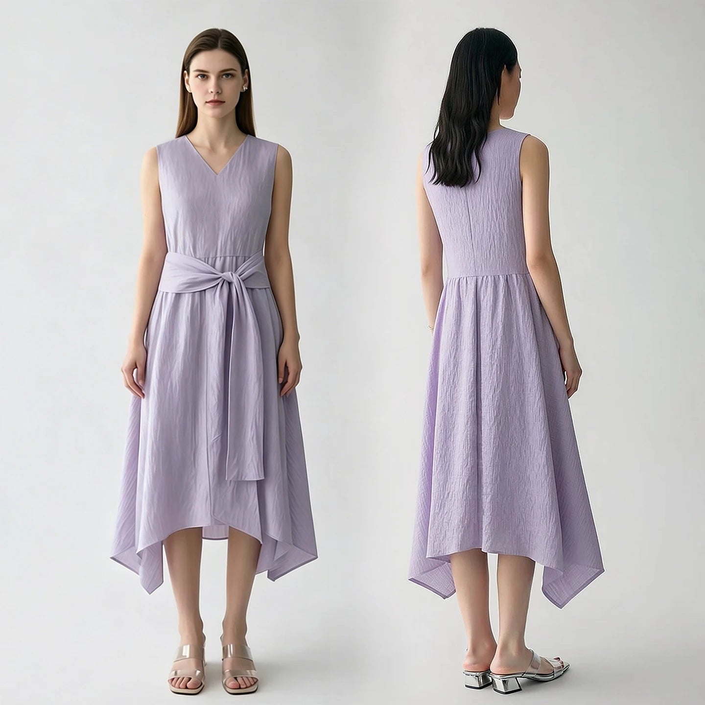 Stylisches Ärmelloses Damen Midikleid Knitterarm Mit Gürtel