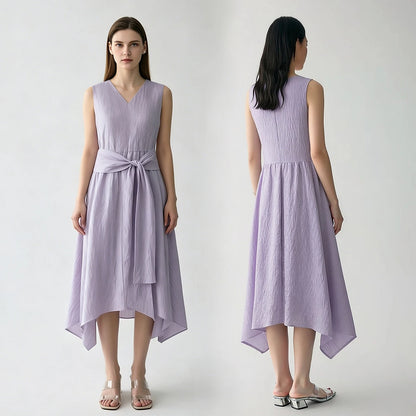 Stylisches Ärmelloses Damen Midikleid Knitterarm Mit Gürtel