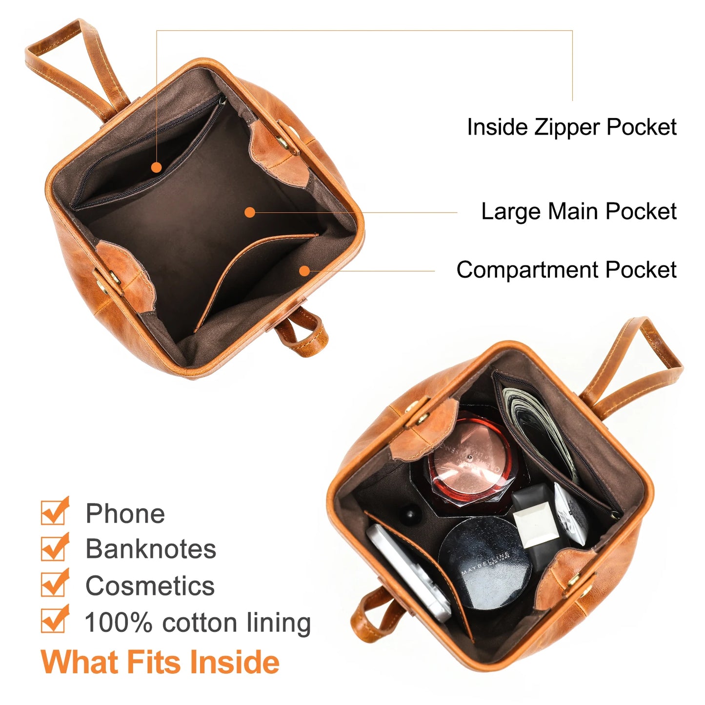 Innenseite einer kleinen braunen Ledertasche mit Reißverschlussfach und Fächern