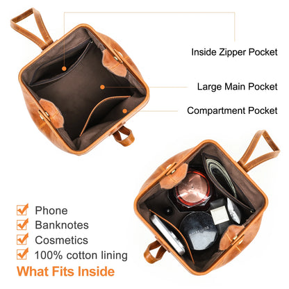 Innenseite einer kleinen braunen Ledertasche mit Reißverschlussfach und Fächern