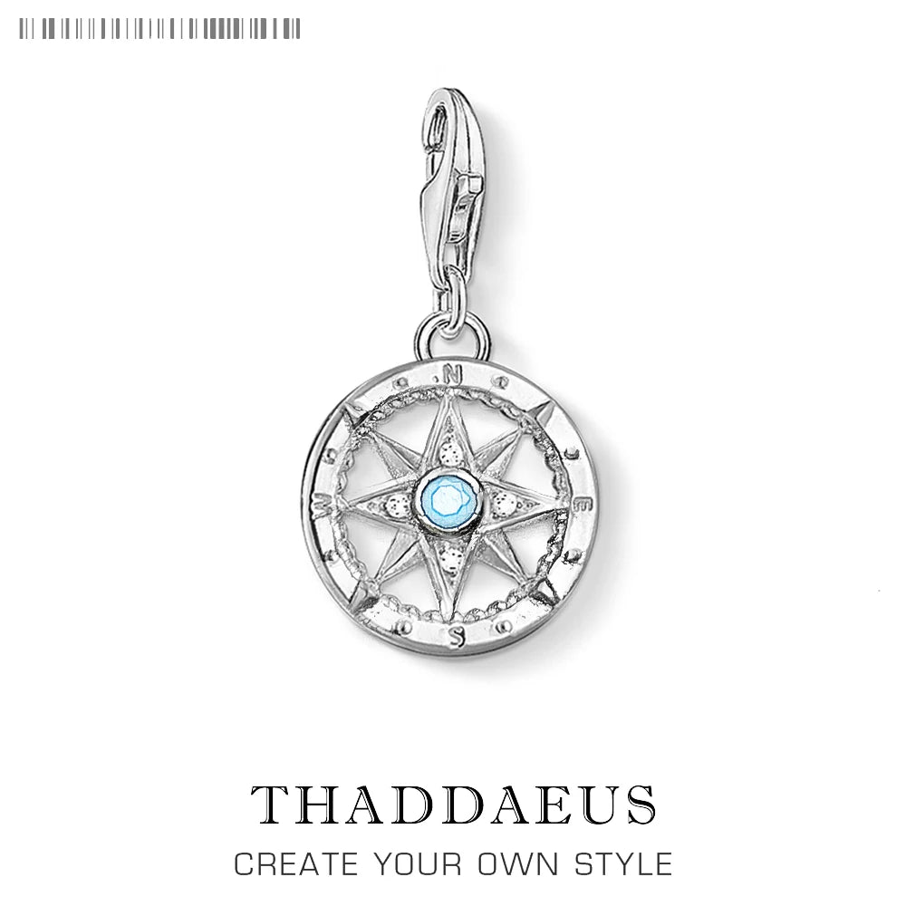 925er Sterlingsilber Kompass-Charm-Anhänger, runde Kompassrose mit blauem Stein