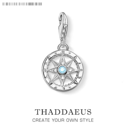 925er Sterlingsilber Kompass-Charm-Anhänger, runde Kompassrose mit blauem Stein