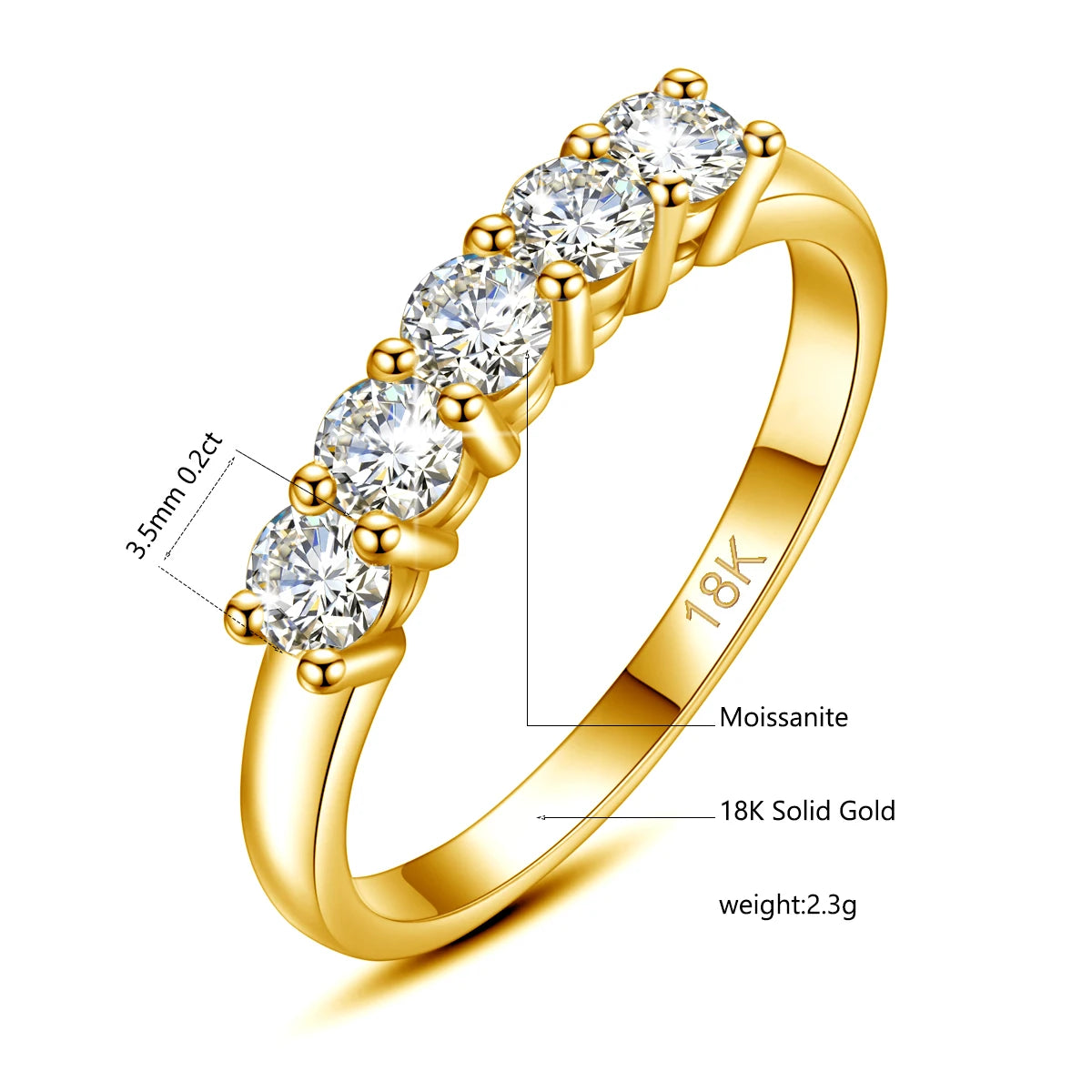 Damen-Ring aus 18K Gelbgold mit fünf Moissaniten und Echtheitszertifikat, Luxus Schmuckstück für Verlobung oder Hochzeit