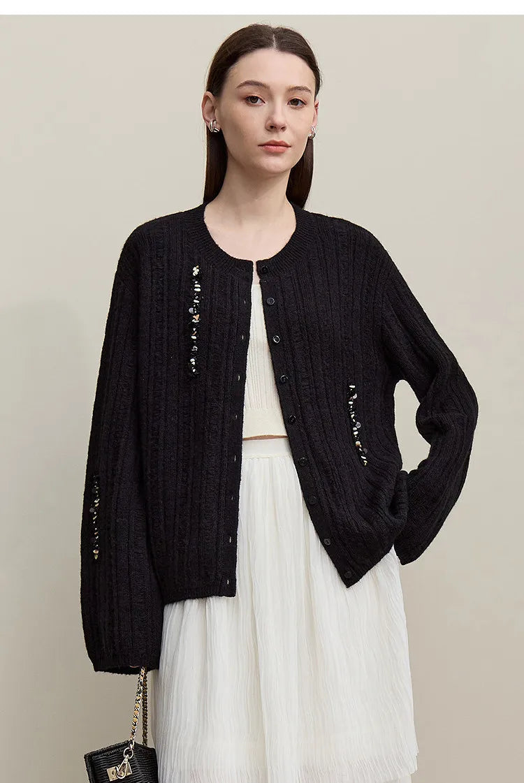 Damen-Strickjacke Rundhals Wolle locker überschnittene Schulter einreihig Frühling
