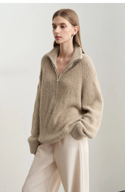 Damen-Rollkragenpullover Reißverschluss Nerz-Optik locker Winter