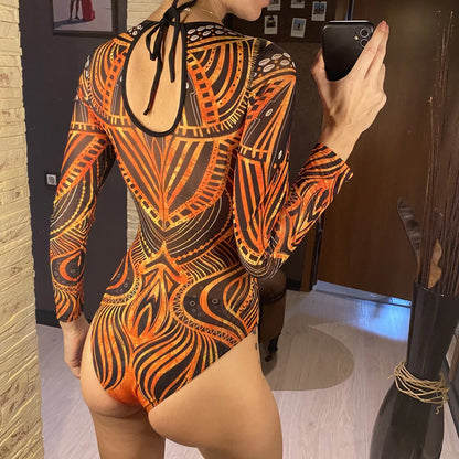 Damen-Badeanzug 3-teilig Print Langarm Sarong-Set gepolstert