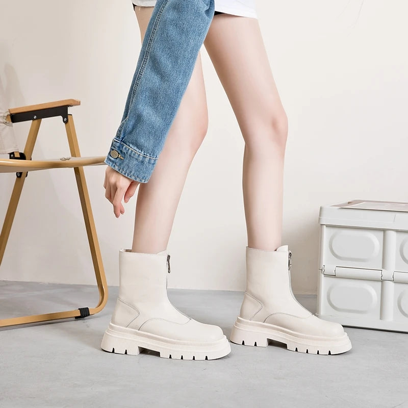 Damen Stiefeletten aus Leder, hellbeige, mit Reißverschluss, hoher Schaft und Profilsohle