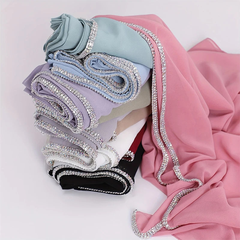 Damen Chiffon Hijab Schal Perlen Strass Glitzer Stirnband Foulard muslimisch