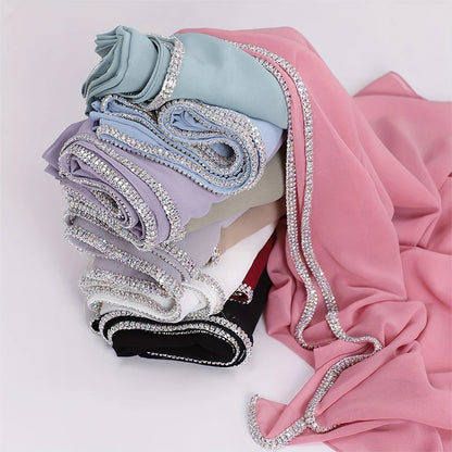 Damen Chiffon Hijab Schal Perlen Strass Glitzer Stirnband Foulard muslimisch