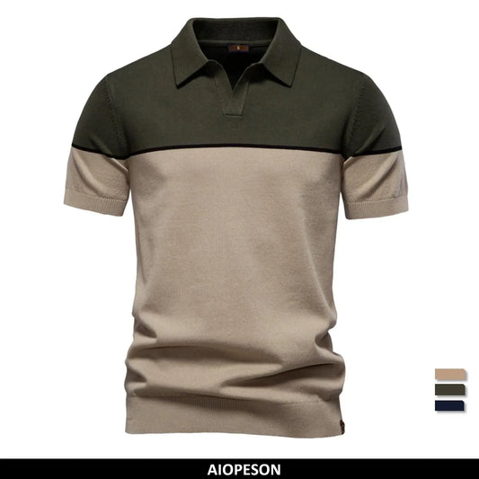 Herren-Poloshirt Slim Fit mit Farbblock, olivgrünem Oberteil und beigem Mittelteil