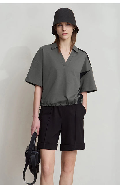 Damen T-Shirts im minimalistischen Stil mit neuem V-Ausschnitt und kurzen Ärmel