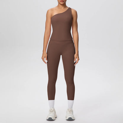 Yoga-Set aus ärmellosem Top und Leggings, braun mit hellem Beinabschluss