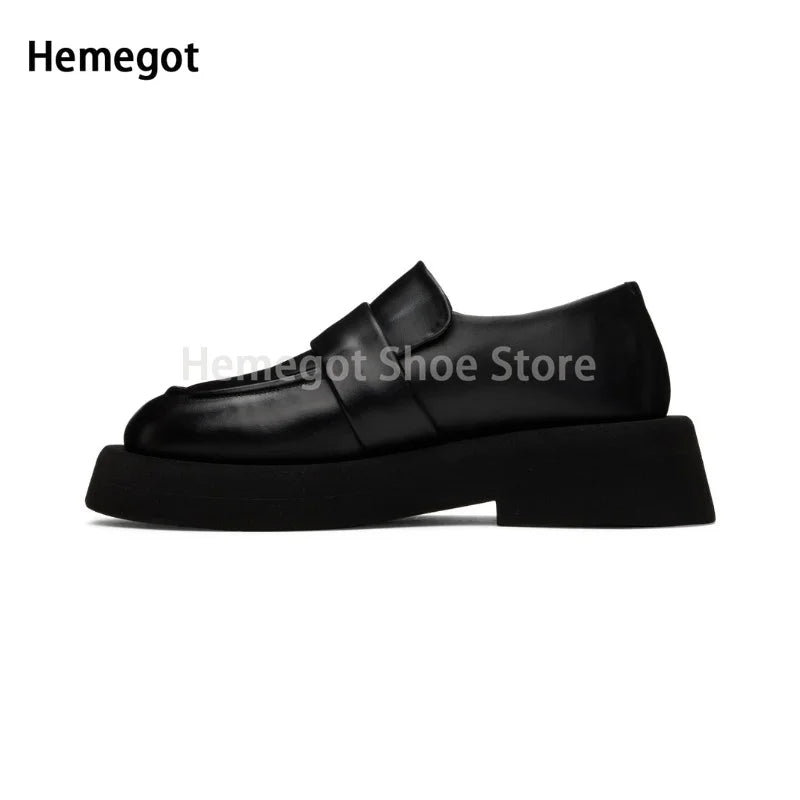 Herren-Slipper mit dicker Sohle, schwarzes Leder, Slip-On-Loafer mit breitem Riemen