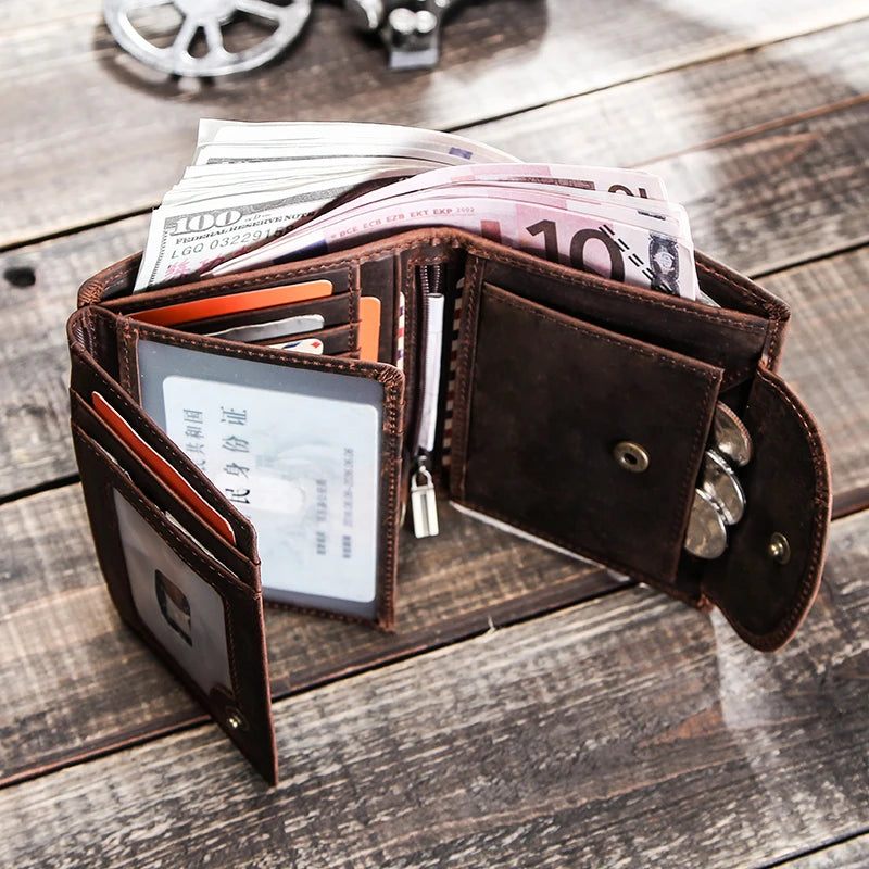 Herren Echtleder Geldbörse Trifold Metallkette RFID Kartenhalter Geldclip