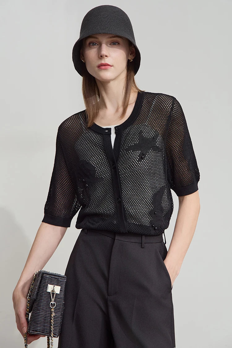 Damen-Rundhalspullover Jacquard Kurzarm locker Büro Sommer