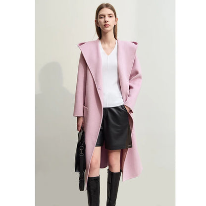 Damen Winter Mantel aus Wolle mit Kapuze und doppeltem Gürtel