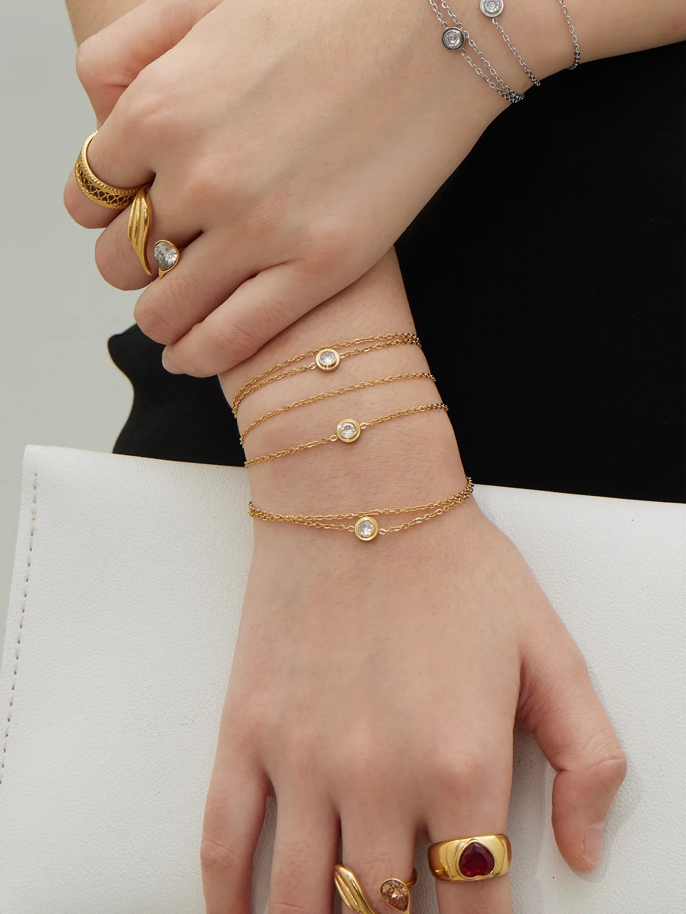 Damen-Armband Doppelkette mit Zirkonia-Solitär