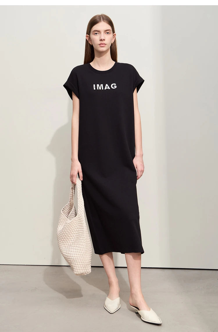 Damen Kleid für Sommer neue lässige O-Ausschnitt Kurzarm Midi gerade Perlen Stickerei Kleid Dame
