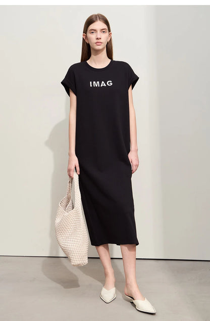 Damen Kleid für Sommer neue lässige O-Ausschnitt Kurzarm Midi gerade Perlen Stickerei Kleid Dame