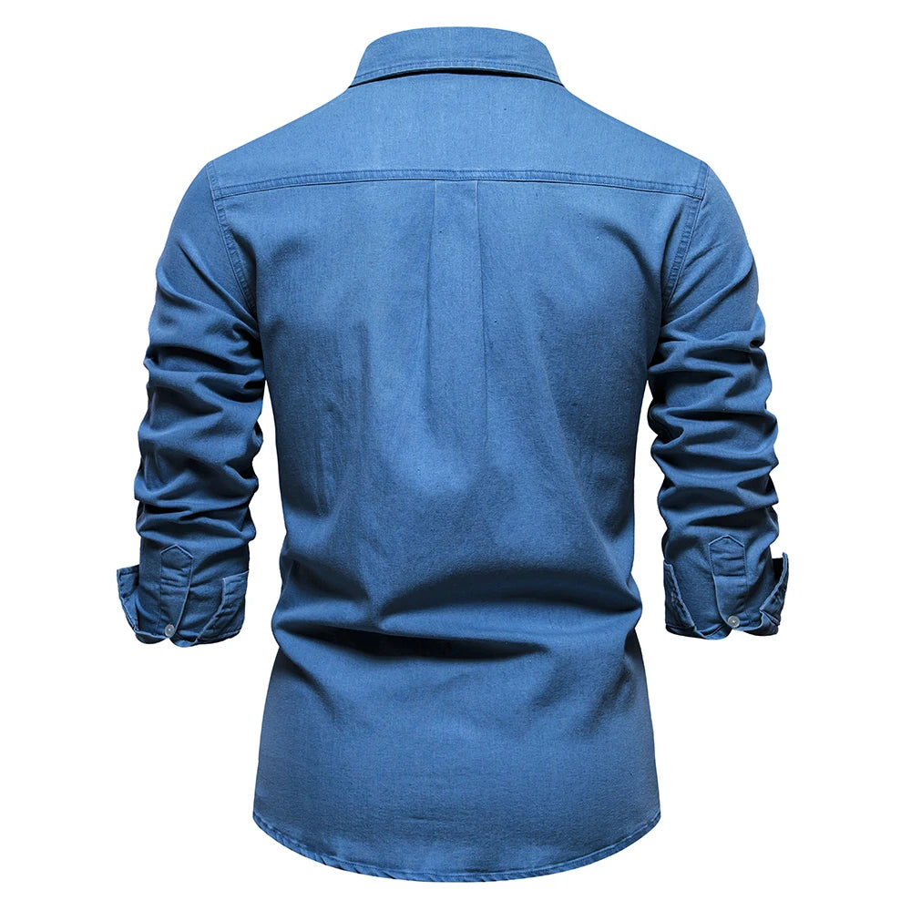 Herren Hemd aus Baumwolle im einfarbigen Denim-Look mit Tasche