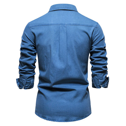 Herren Hemd aus Baumwolle im einfarbigen Denim-Look mit Tasche