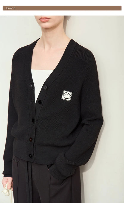 Damen-Strickjacke Wolle V-Ausschnitt Patchwork Stickerei kurz Französisch Herbst