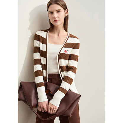 Damen-Strickjacke Kaschmir-Wolle Slim Streifen Reißverschluss Herbst