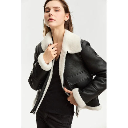 Damen Winterjacke aus PU mit Taschen im französischen Vintage-Stil
