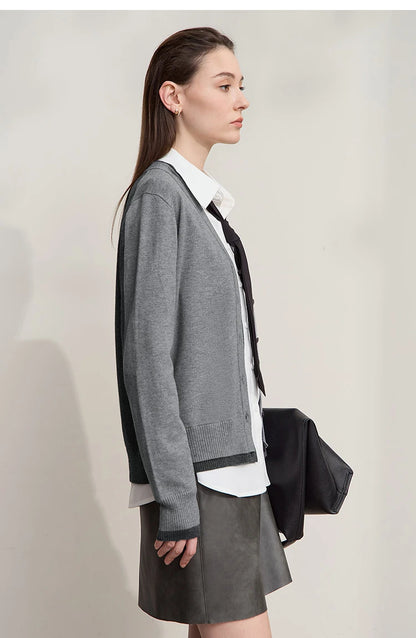Damen-Strickjacke V-Ausschnitt koreanisch Fake-Zweiteilig Wolle locker Herbst