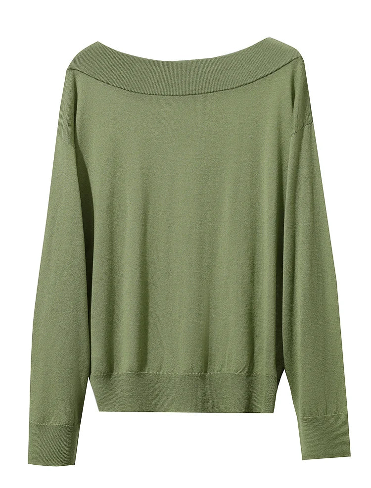 Grüner Wollstrick-Pullover mit langem Ärmel und Rundhalsausschnitt, schlichtes Design