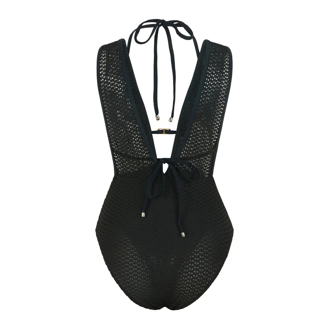 Damen-Badeanzug V-Ausschnitt Netzstrick rückenfrei Monokini Weste