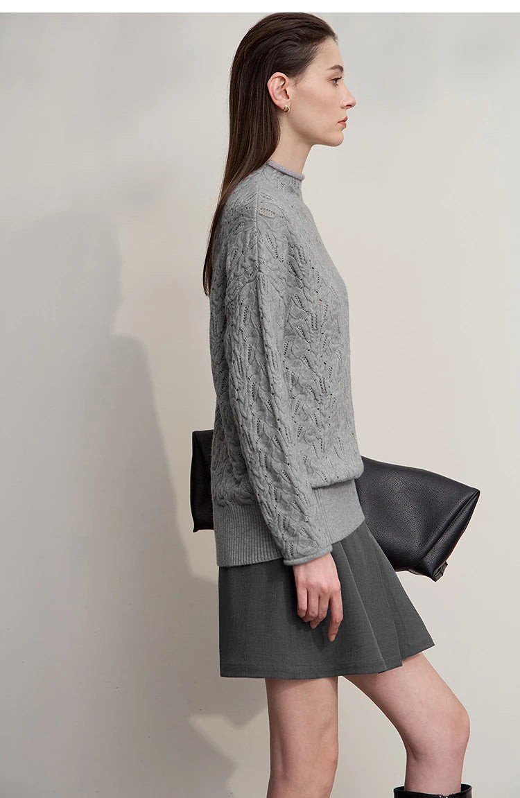 Damen-Strickpullover mit Stehkragen, langarm, grau meliert, Seitenansicht