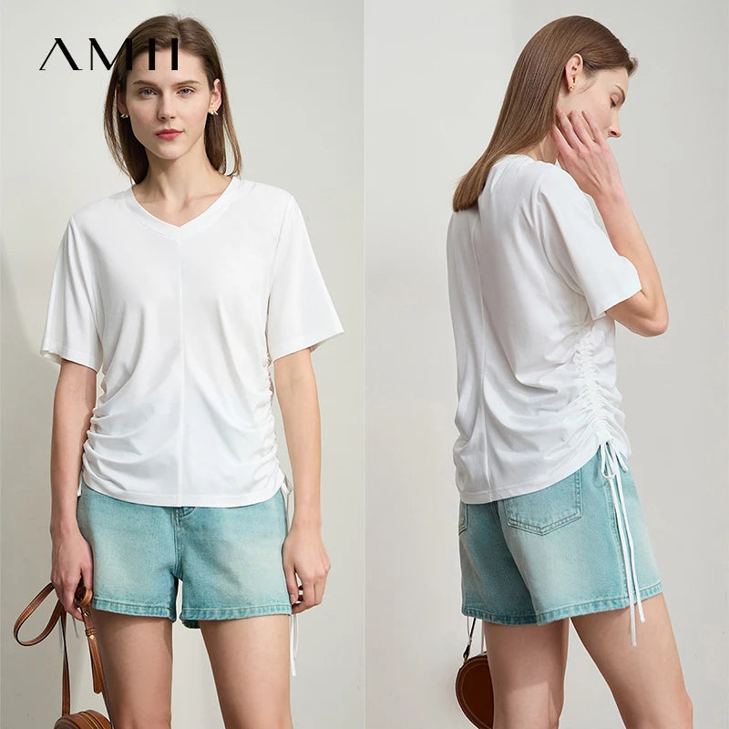 Damen T-Shirt mit solidem V-Ausschnitt und Kordelzug für den Sommer