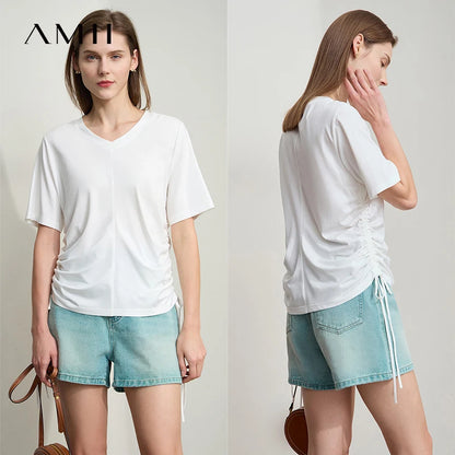 Damen T-Shirt mit solidem V-Ausschnitt und Kordelzug für den Sommer