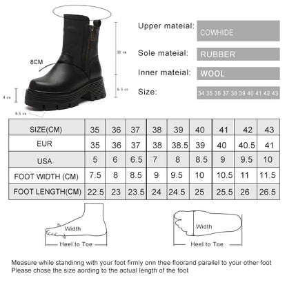 Größentabelle zu schwarzen Damenstiefeletten mit Profilsohle und Wollinnenfutter