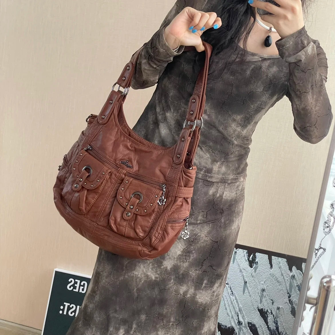 Damen-Schultertasche aus PU Bronze Retro-Stil mit Topgriff und Smartphonefach große Kapazität