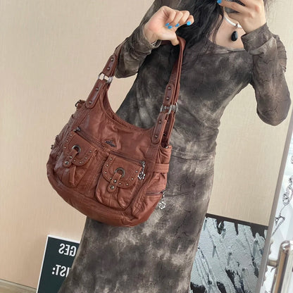 Damen-Schultertasche aus PU Bronze Retro-Stil mit Topgriff und Smartphonefach große Kapazität